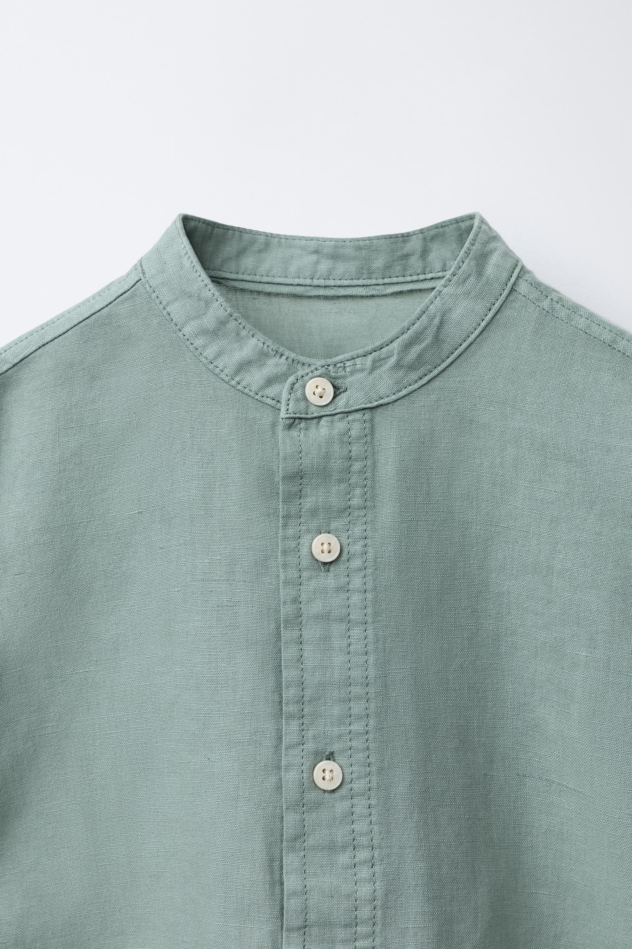 MANDARIN COLLAR LINEN AND COTTON SHIRT